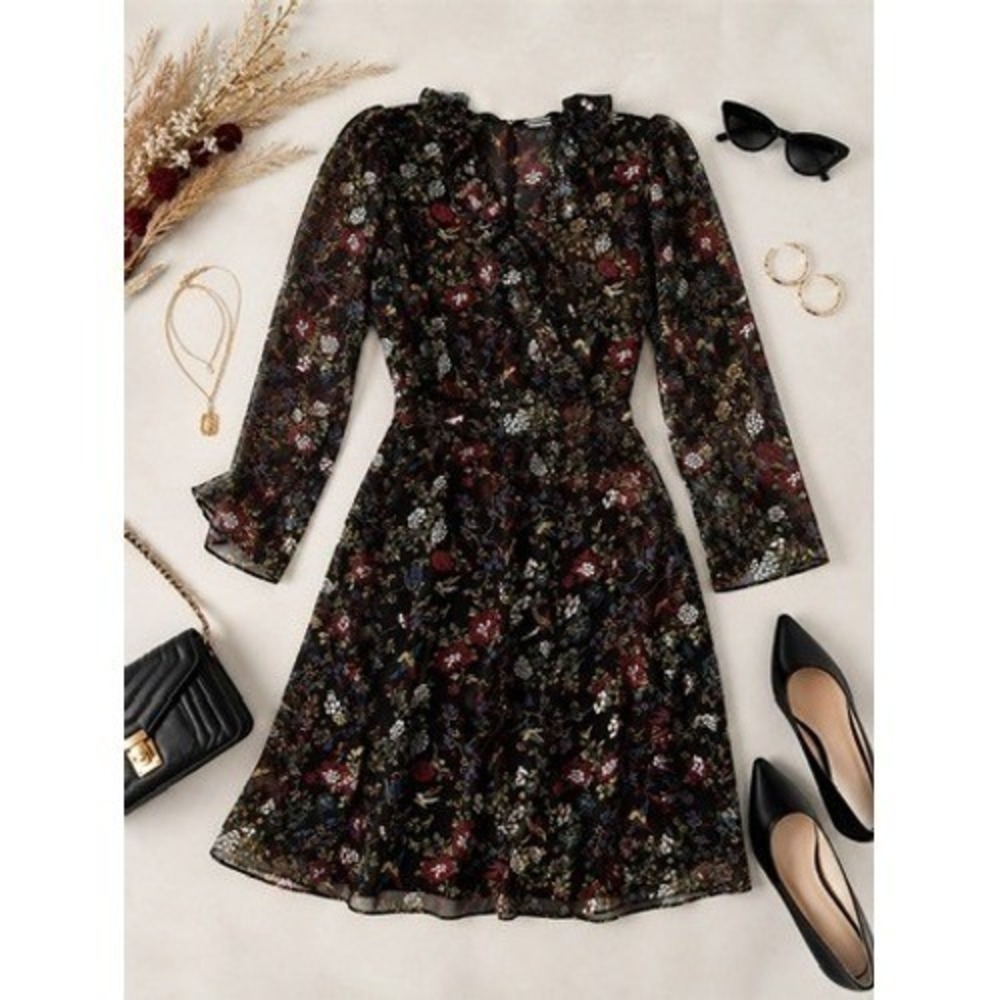 Madewell Floral Bird Print Ruffle Wrap Dress Black XS Chiffon Long Sleeve